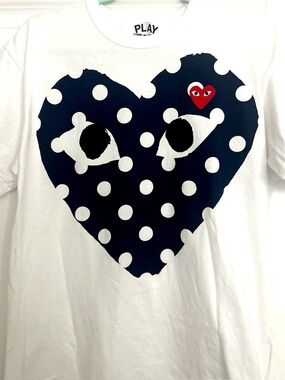 Comme des Garcons PLAY White Tee with Navy Polka Dot Heart and Red Heart Logo